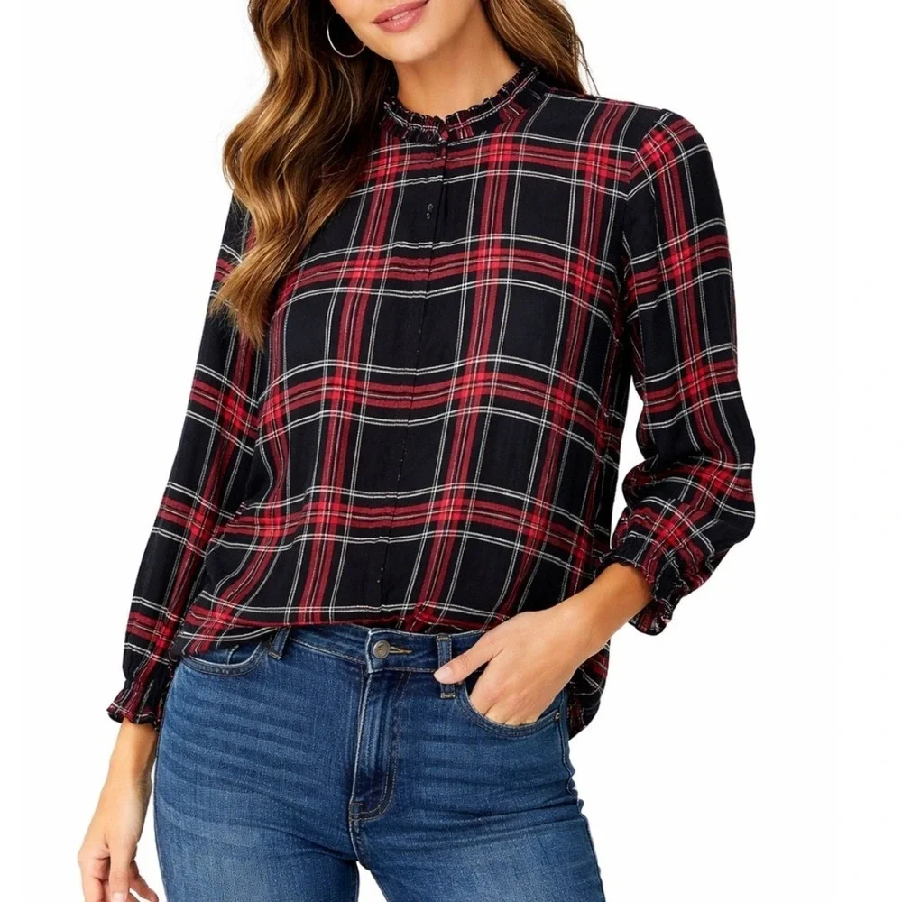 Loft Womens Red Black‎ Plaid Ruffle Mock Neck Blouse Smocked Cuff Top Petite L